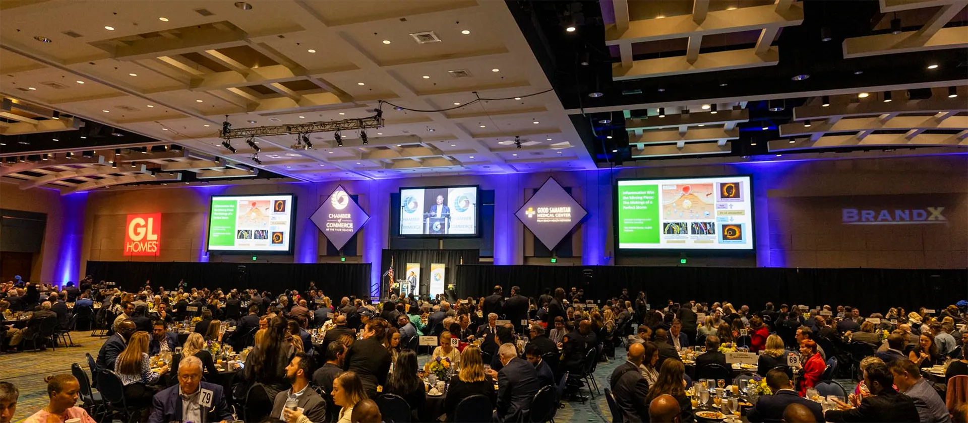 Full attendance, people seated at tables at Chamber event.